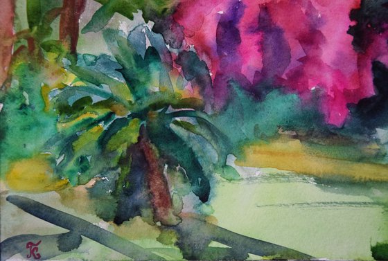 Spanish watercolor painting Tropical blossoming forest on Canary Islands