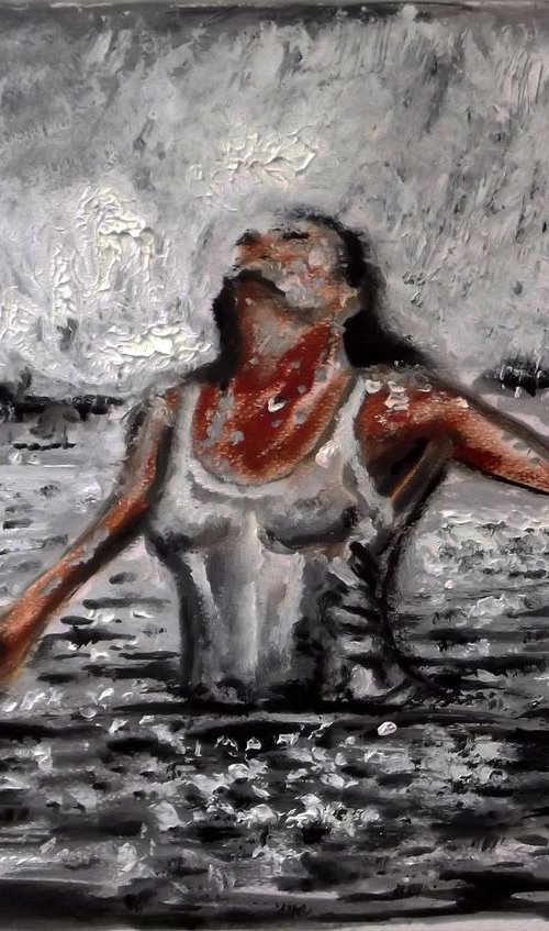 RAINY LAKE GIRL - WELCOME WINTER ! - Thick oil painting - 42x29.5cm by Wadih Maalouf
