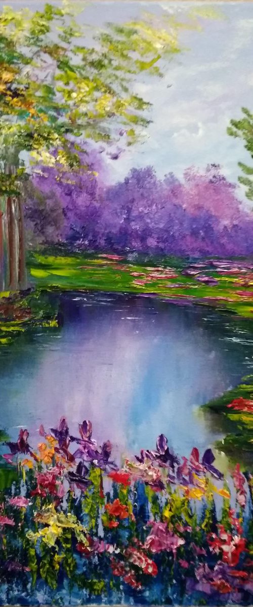 Irises flowers at the lake by Oksana Fedorova