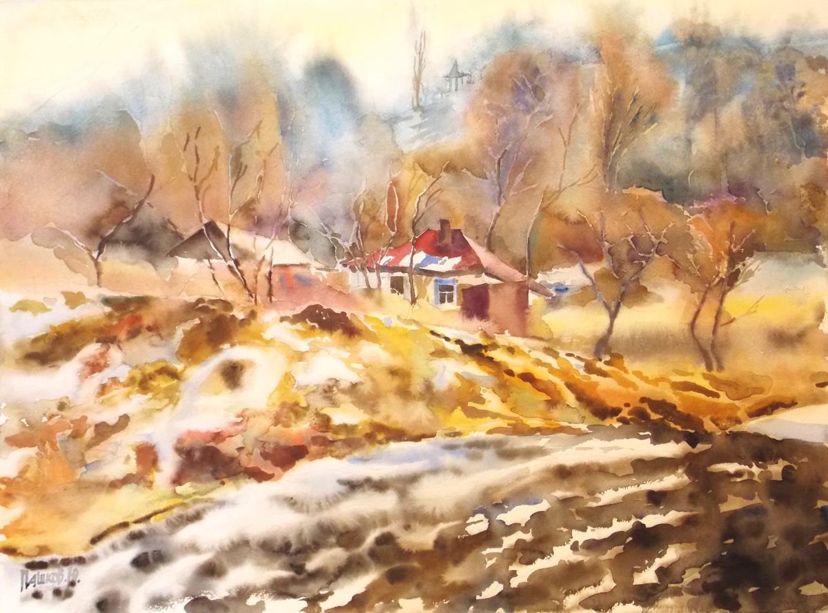 Impressionistic Cityscapes Watercolour By Yurii Pashkov, 30 X 22", Thaw, Original Artwork