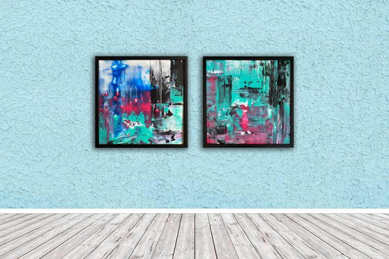 "Swipe Left" - Save As A Series - Original PMS Abstract Diptych Acrylic Paintings On Plexiglass, Framed - 52" x 26"