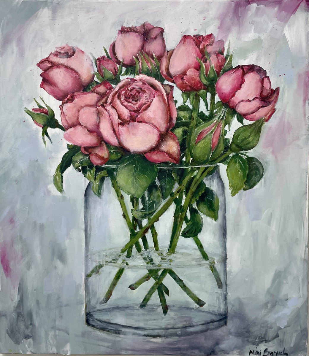 Expressive Botanical Acrylic Painting By Miri Baruch, 28 X 31", Pink Roses In A Vase, Original Artwork