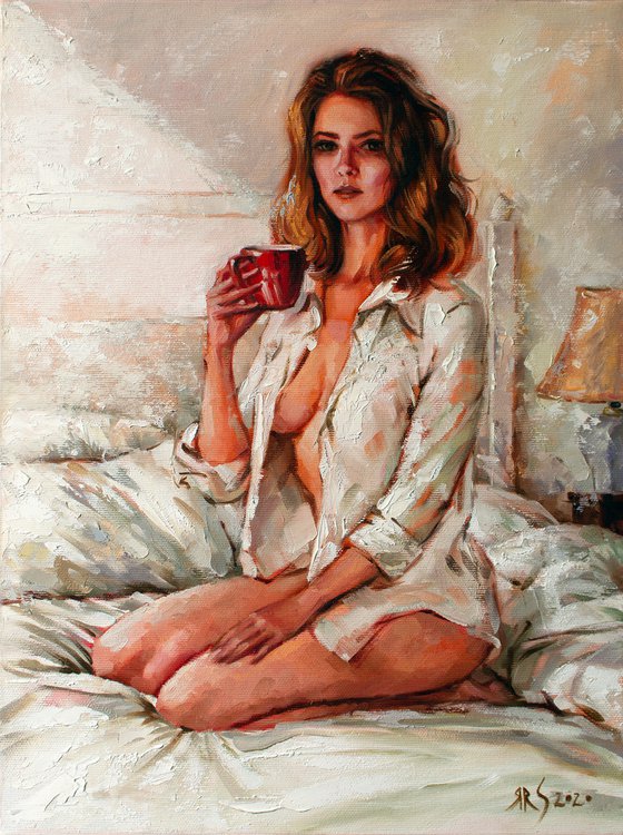 Her morning coffee by Yaroslav Sobol  (Modern Impressionistic Romantic Beautiful Girl Oil painting Gift)
