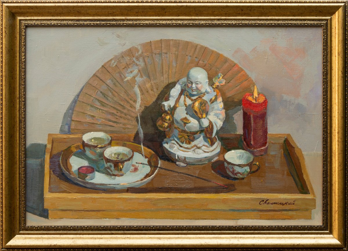 Impressionistic Still Life Oil Painting By Igor Sventitski, 26 X 17, Green Tea, Original Artwork