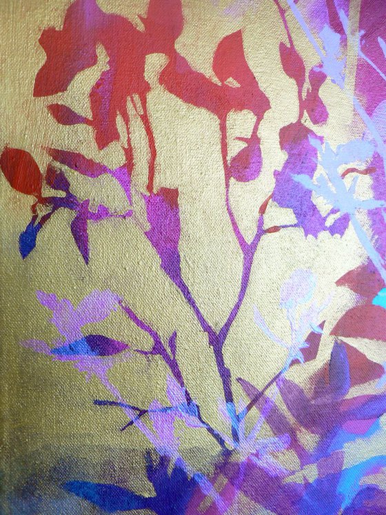 Chinoiserie  ( vibrant semi abstract flower painting with gold - ready to hang)