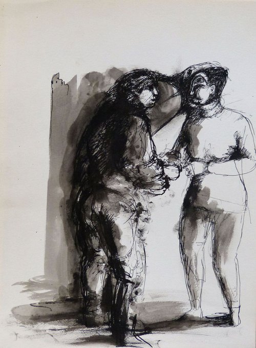 Surrealist Lovers 13, ink on paper 32x24 cm by Frederic Belaubre