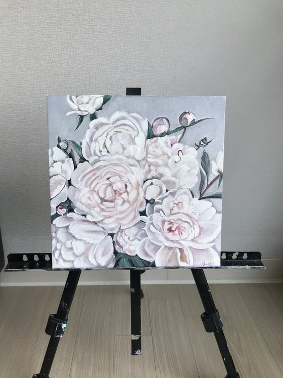 White Peonies oil painting 12x12 inch