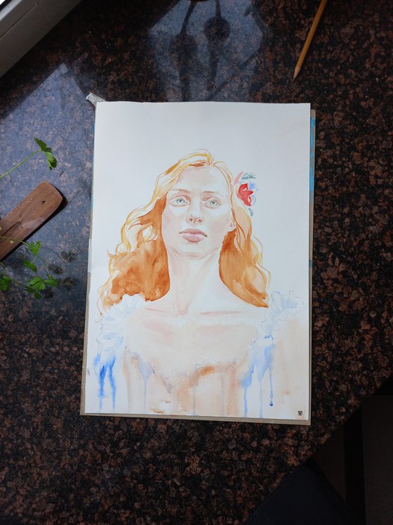 Chastity. Watercolor woman portrait 27x39 cm/11x15 in