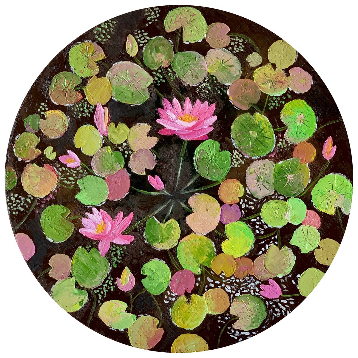 Surrealistic Botanical Oil Painting By Amita Dand, 12 X 12, Muddy Water Lilies Pond !, Original Artwork