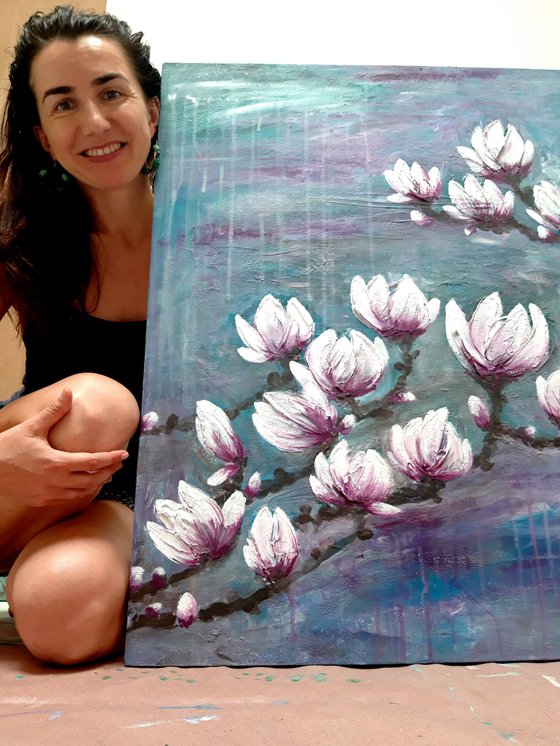"Magnolias" original acrylic painting by Elena Parau, 80x60x4 cm (2022)