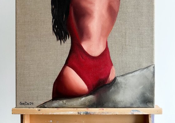 Girl in Red Swimsuit - Woman on Beach Female Figure Painting