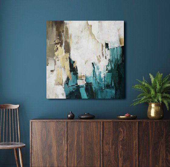 "Teal Flood 2" Teal gold abstract acrylic art