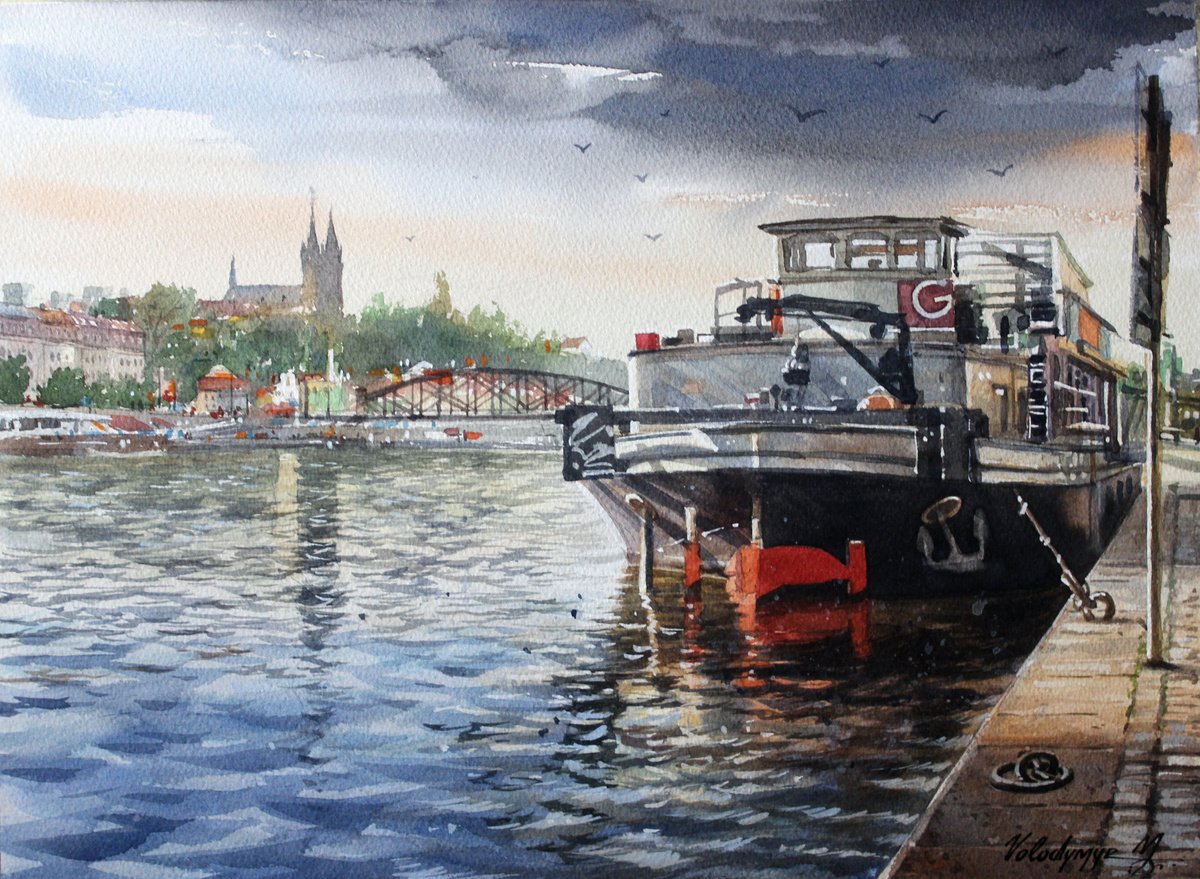 Cityscapes Watercolour By Volodymyr Melnychuk, 15 X 11", Prague Pier, Original Artwork