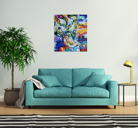 Still life with callas (80x90cm, cubism, oil painting, ready to hang)