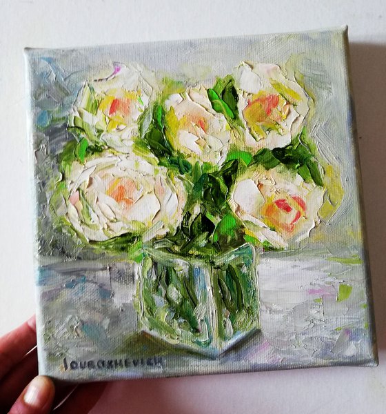 White Roses in Vase | Small Oil Painting on Canvas Stretching 8x8 in (20x20cm)