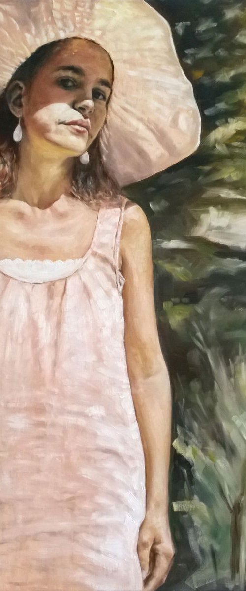 Her glance - large woman portrait figurative lady in hat by Leonid Plekhanov