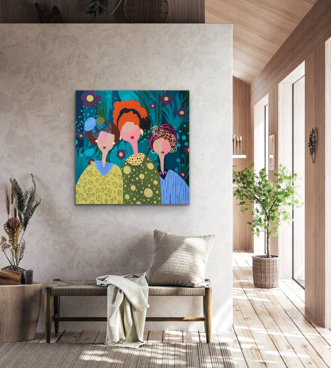 Abstract Portrait Acrylic Painting By Chantal Proulx, 30 X 30, Les Triplettes, Original Artwork