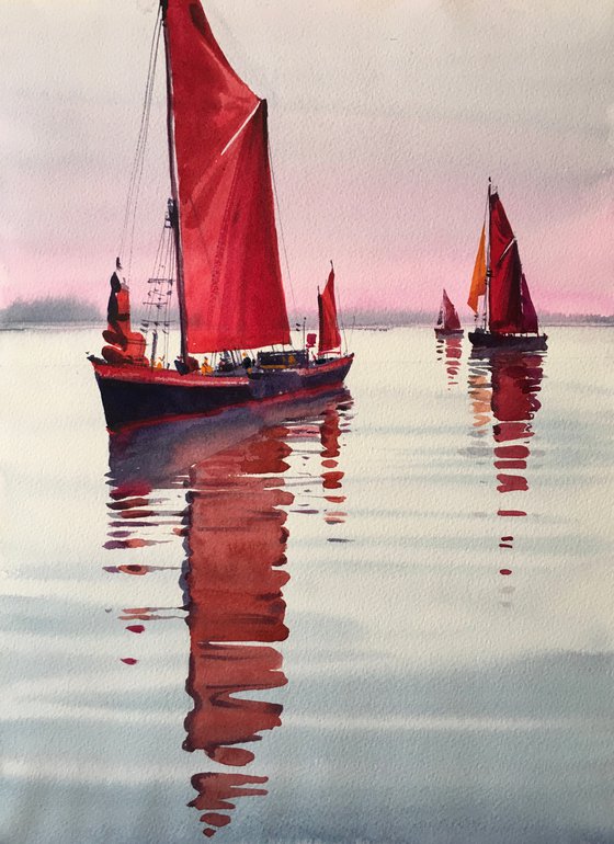 Original watercolor painting “Red sails”