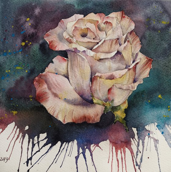 Dark rose - original watercolor painting ROSE botanical art splaches expression