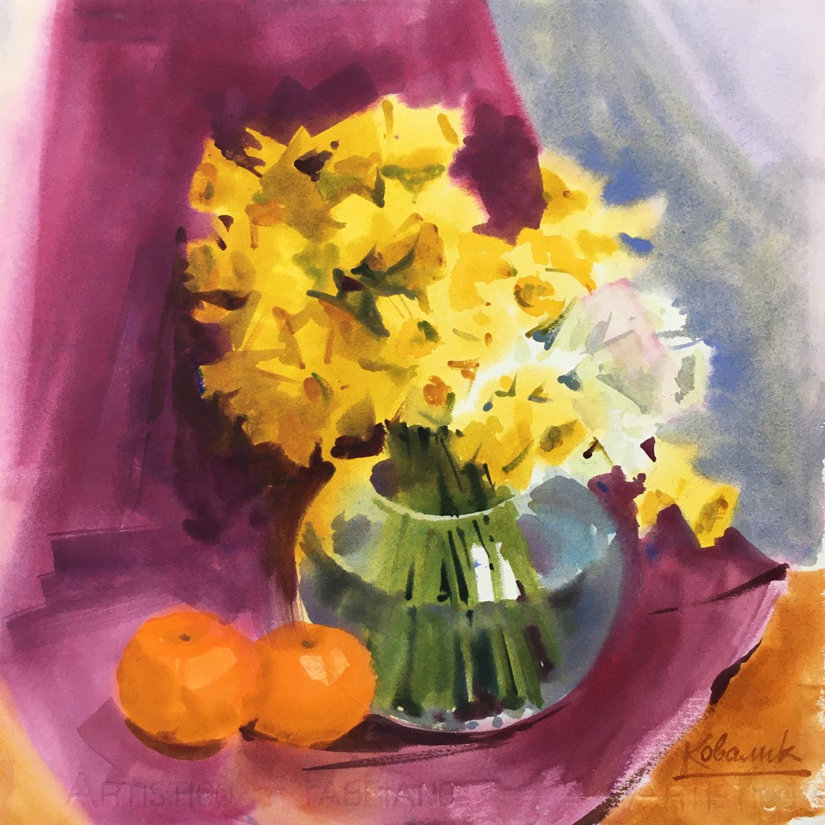 Impressionistic Still Life Watercolour By Andrii Kovalyk, 15 X 15, Still Life With Daffodils, Original Artwork