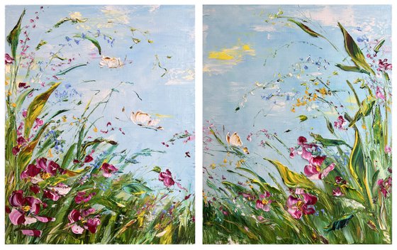 SET FLYING OVER THE MEADOW - Set of 2 gorgeous morning landscapes. Butterflies on a bright juicy meadow.