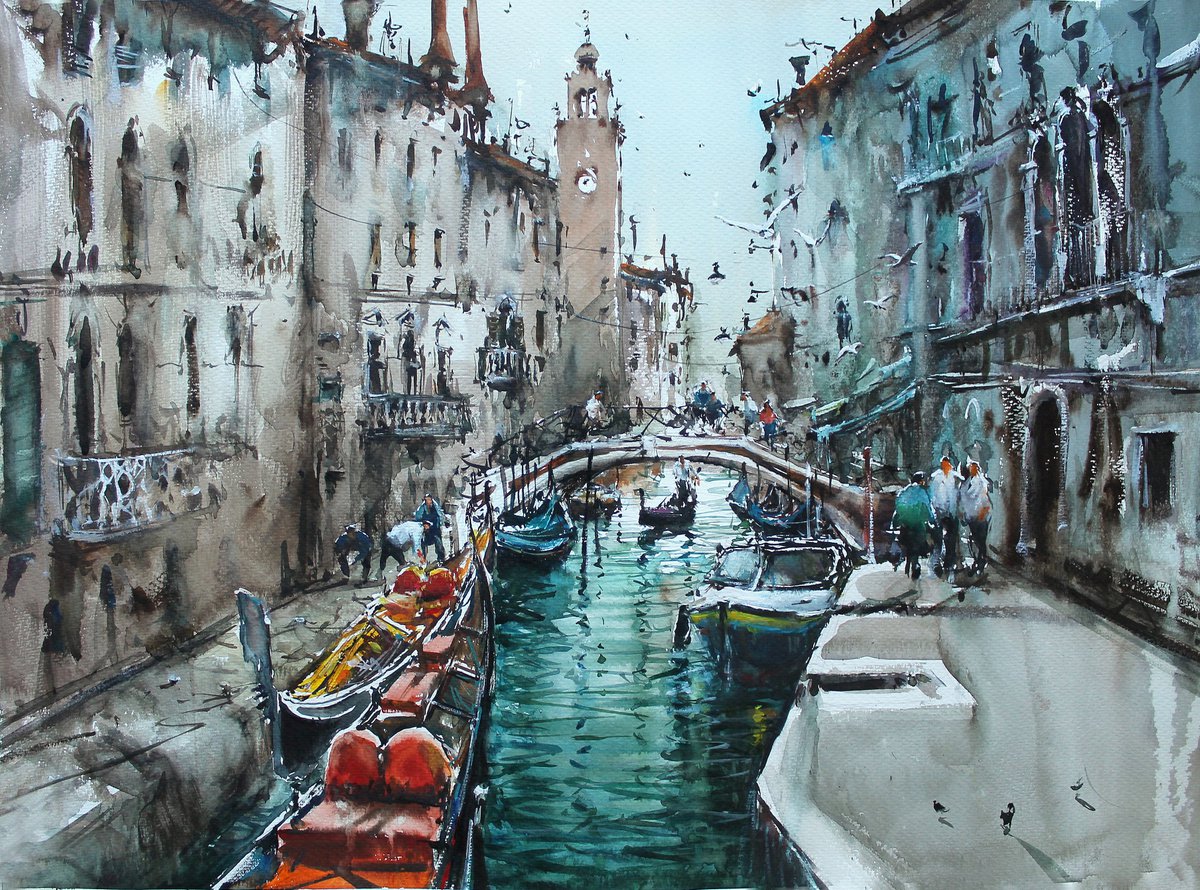 Impressionistic Cityscapes Watercolour By Maximo Damico, 30 X 22", Canali Di Venezia, Original Artwork