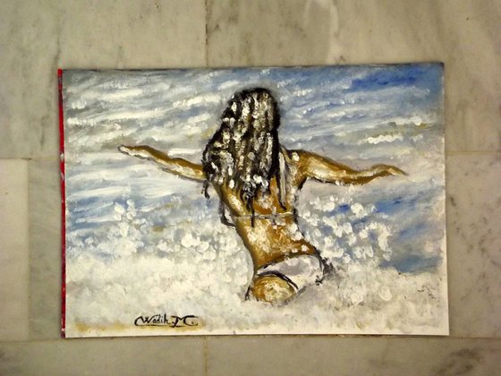 RUNNING IN WAVES - Seaside view - Thick Oil painting - 42x29.5 cm