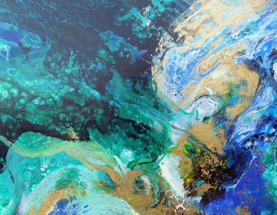 Αbstract painting art blue green gold metallic - Deep river