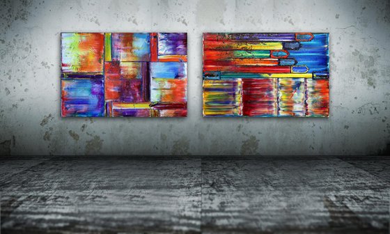 "Get It While It's Hot" - Save As A Series - Unique PMS Geometric Oil Painting Diptych On Canvas - 72" x 24"