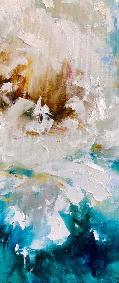 OPEN BUD - White. Peony. Floral. Royal Flower. Lush. Abstraction. Blue. Macro. Emerland. Modern. Close. by Marina Skromova