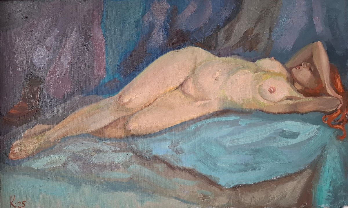 Impressionistic Portrait Oil Painting By Olena Kolotova, 20 X 12", Nude "Laying Model", Original Artwork