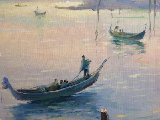 Venice sunset grand Channel cityscape sea sky boats original XXL oil painting