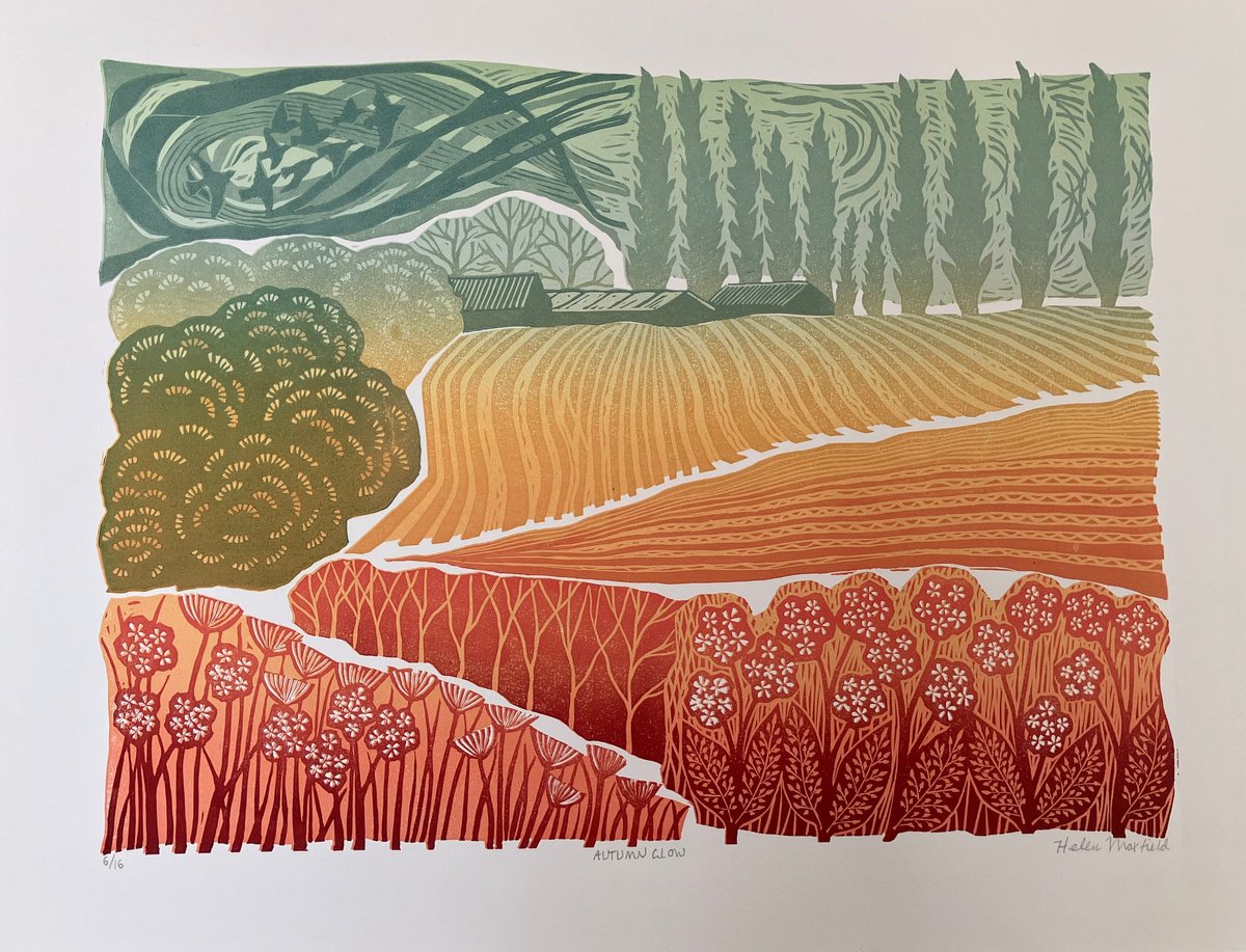 Landscape Linocut By Helen Maxfield, 20 X 16, Autumn Glow, Original Artwork