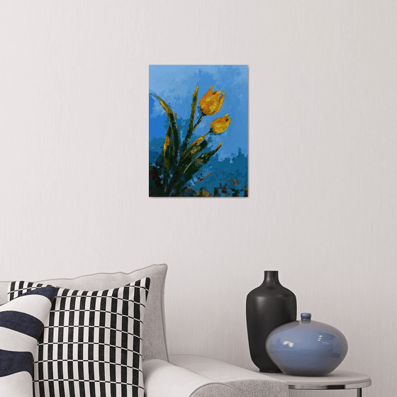 Yellow tulip flowers. Original oil painting for her. Flowers for gift