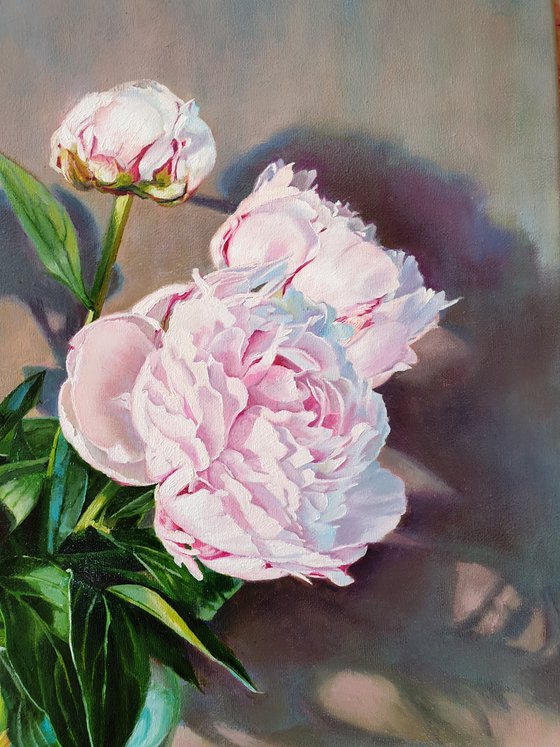 "A bouquet of peonies in a glass vase." still life peony pink summer  white liGHt original painting  GIFT (2020)