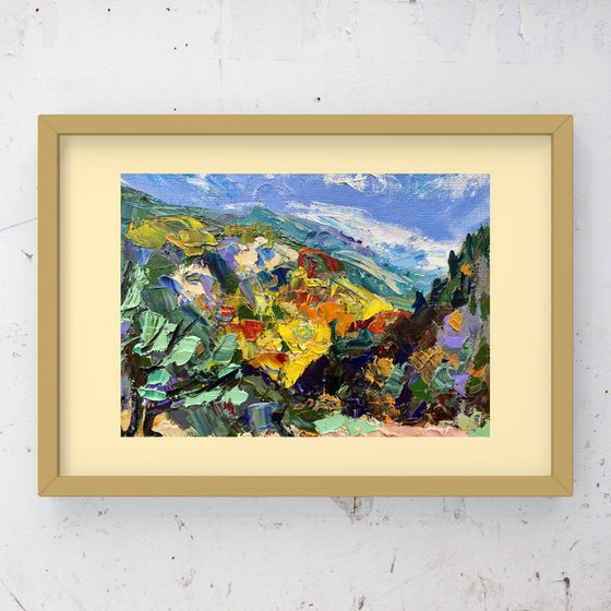 "Sun in mountains", 18*24cm, impressionistic oil mountains landscape etude painting