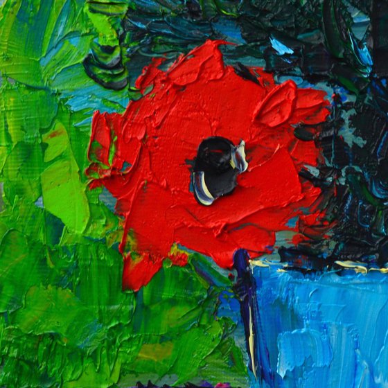 RED WILDFLOWERS IN BLUE POT - abstract modern impressionist floral miniature original palette knife oil painting