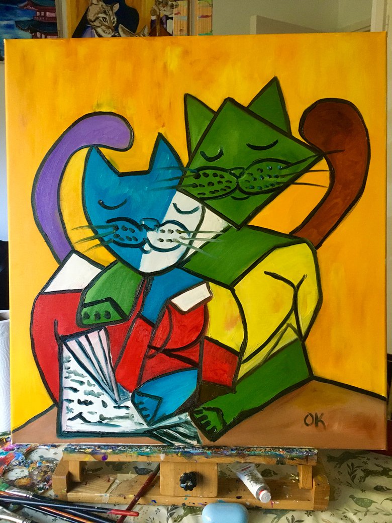 Cat version of “Two girls reading” by Pablo Picasso. Painting for cat ...