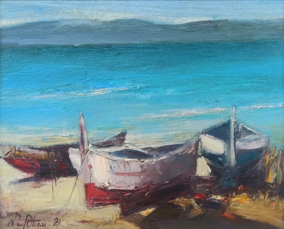 Boats (24x30cm, oil painting, ready to hang, impressionistic)