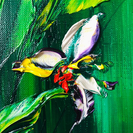 ROYAL IRIS - White irises. Bright green background. Summer flowers. Abstract bouquet. Gentle. Fresh. Wonderful.