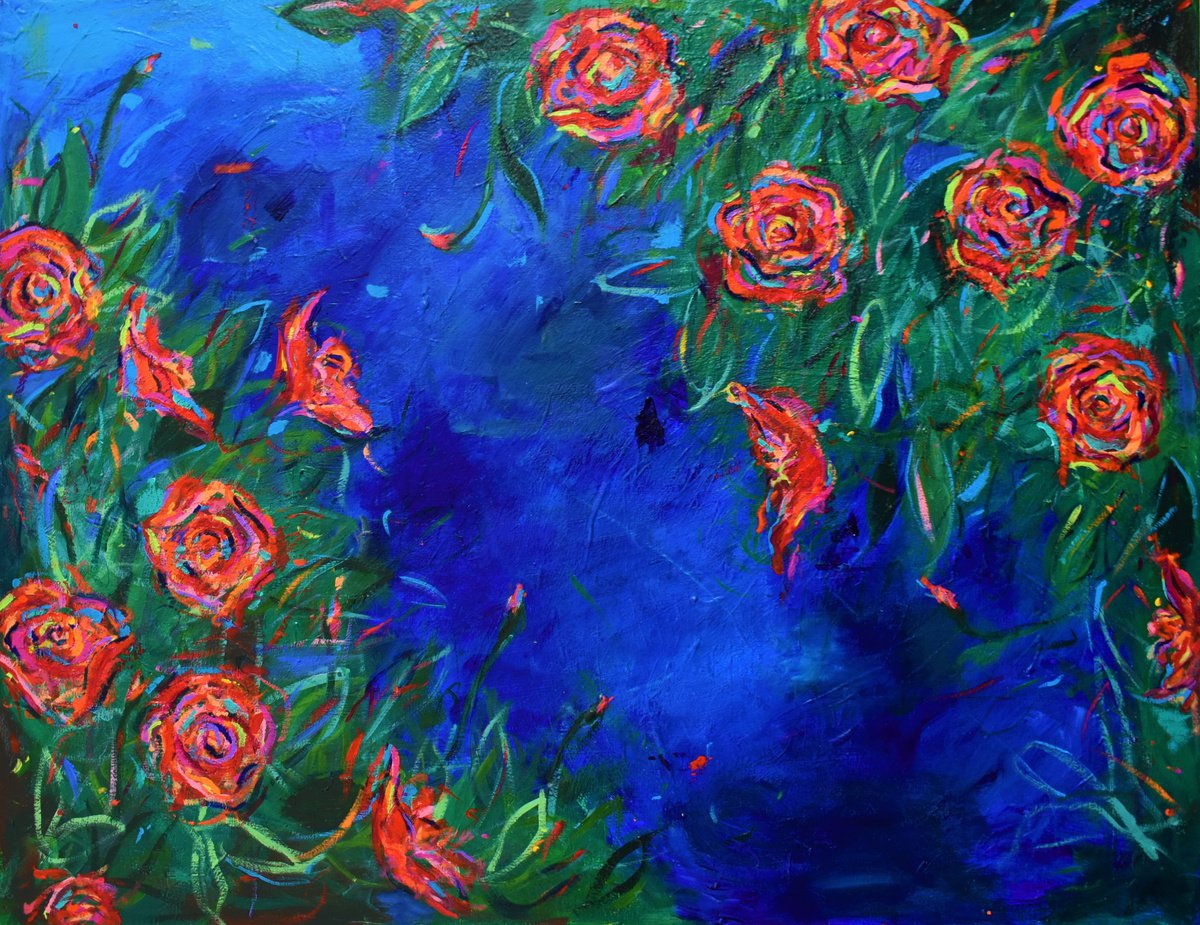Impressionistic Botanical Acrylic Painting By Dawn Underwood, 36 X 28, Rose Bushes, Original Artwork