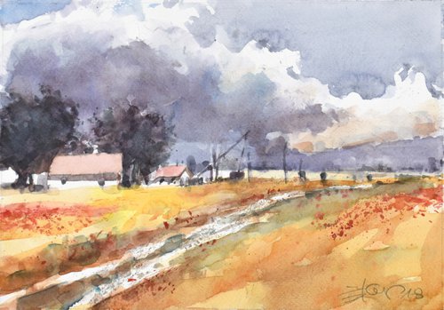 Sormy clouds over wheat field by Goran Žigolić Watercolors