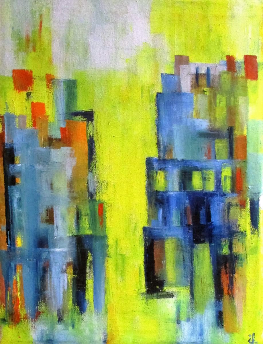 Porta Venezia, Blue house within a yellow alley, oil on canvas, 60 x 80 cm by Ingrid Knaus
