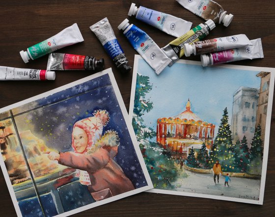 A set of two original watercolor artworks. Christmas markets in Moscow. New Year's Moscow.