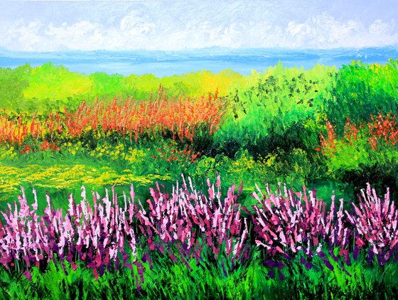 Flowers paradise. Green landscape original oil painting on canvas