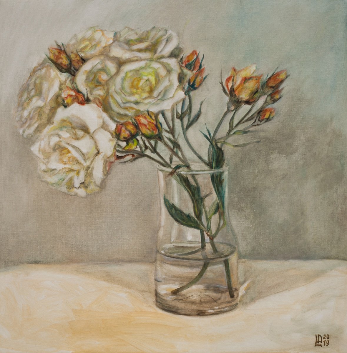 Garden Roses In A Glass Vase by Liudmila Pisliakova