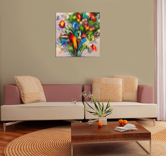 ”Summer Bouquet” Original Abstract Painting 27.5” x  27.5”-- (70 x 70 cm)