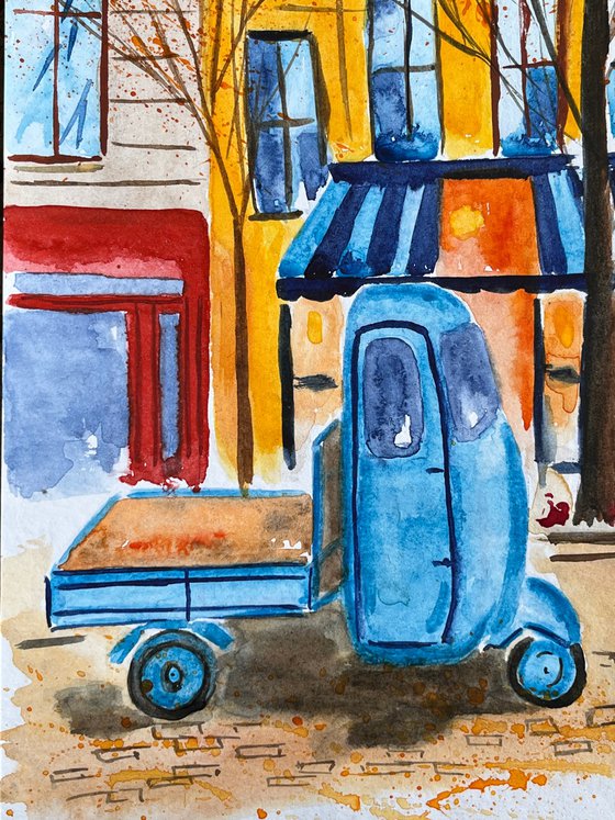 Car Painting Lorry Original Art Blue Truck Watercolor Artwork Cityscape Home Wall Art 8 by 12" by Halyna Kirichenko