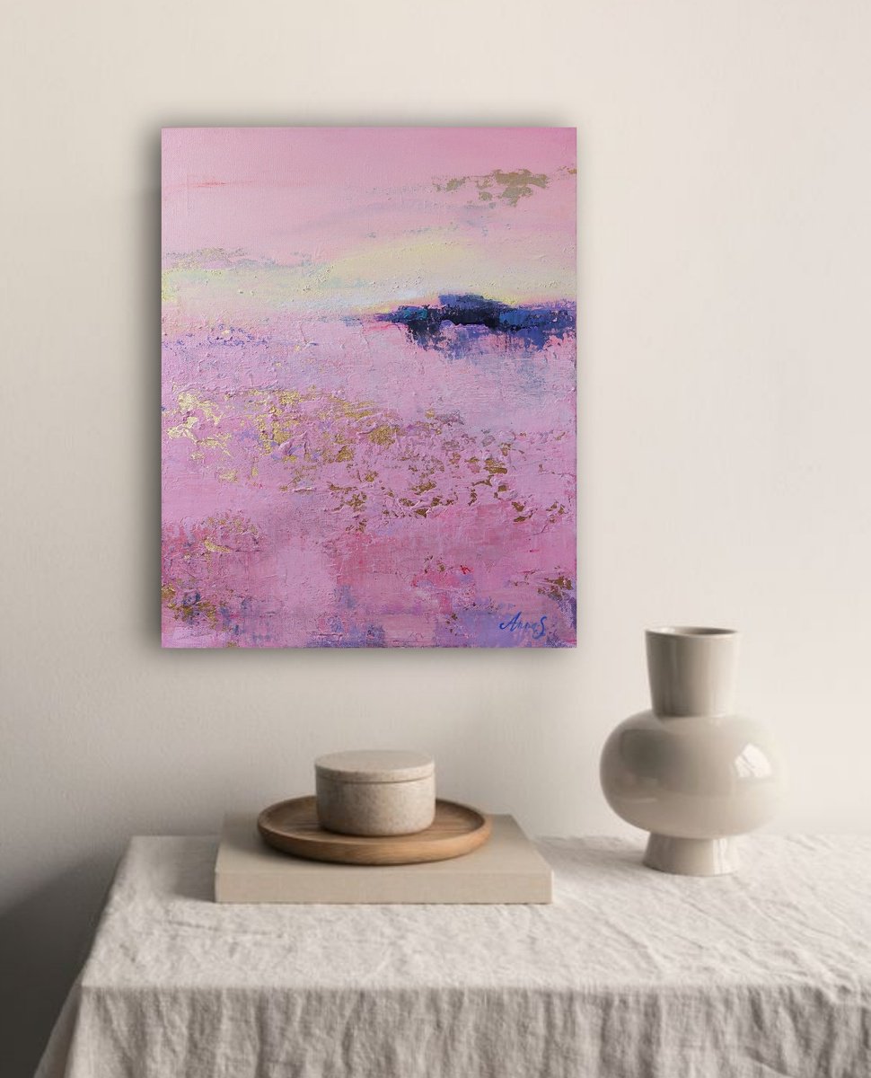 Abstract Landscape Acrylic Painting By Anna Silabrama, 16 X 20, - ?Golden Rose Serenity - ?, Original Artwork