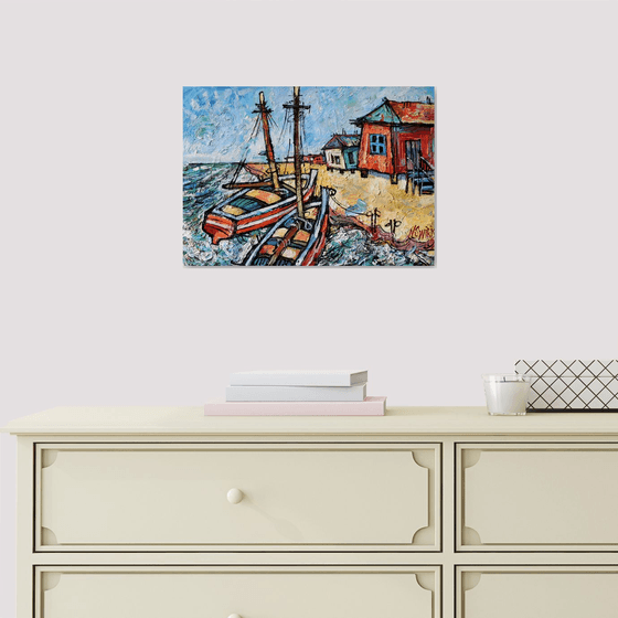 Boats and surf.